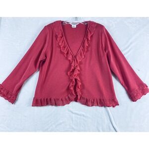 Exclusively Misook Knit Blazer Sweater Women Sz L Coral Pink Lace Ruffle